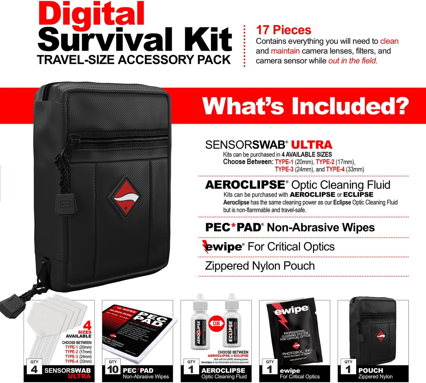 Photographic Solutions Digital Survival Kit - Type-2 (17mm) Sensor Swabs, PEC-PAD Photo Wipes, E-Wipe Packet, Aeroclipse Optic Cleaner Non-Flamable Solution - Camera Cleaning Kit with Travel Bag