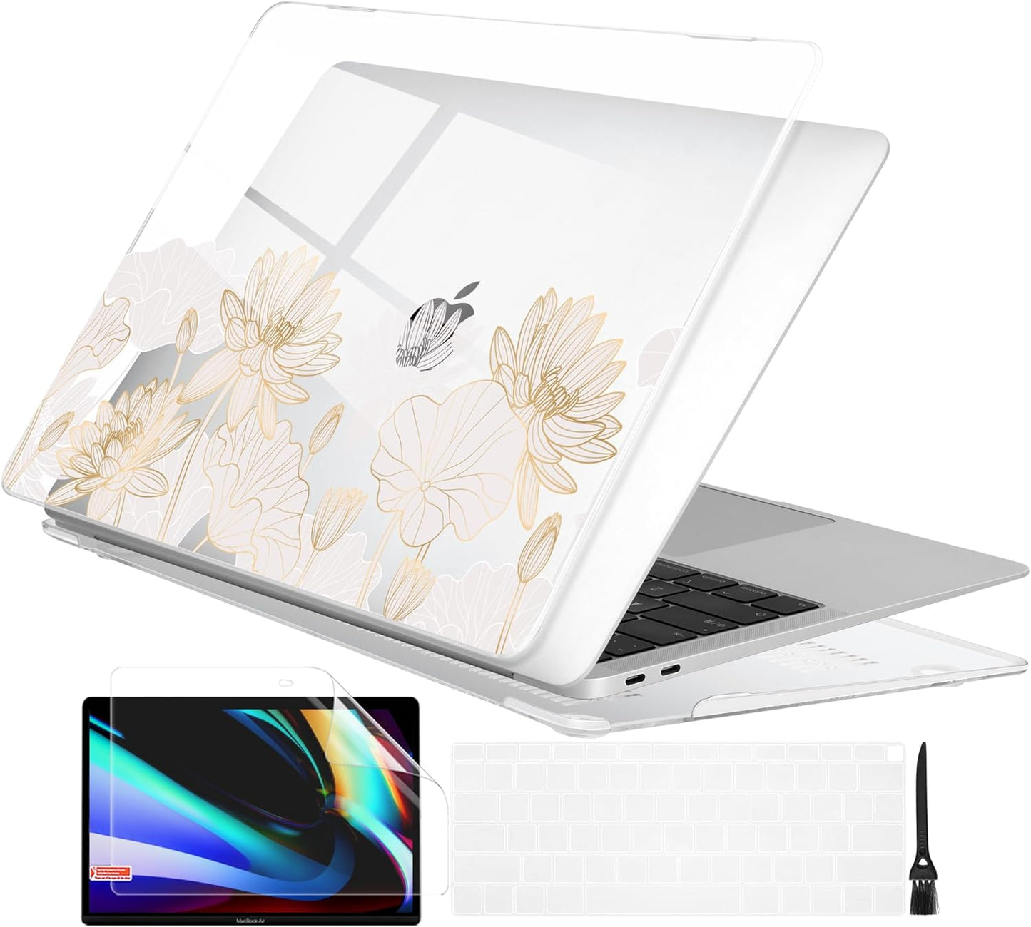 Batianda Design Case for M1 MacBook Air 13 Inch Model A2337 A2179 A1932 2021 2020 2019 Release,3D Painted Hard Shell with Keyboard Cover & Screen Protector, Golden Lotus