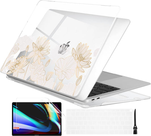 Batianda Design Case for M1 MacBook Air 13 Inch Model A2337 A2179 A1932 2021 2020 2019 Release,3D Painted Hard Shell with Keyboard Cover & Screen Protector, Golden Lotus