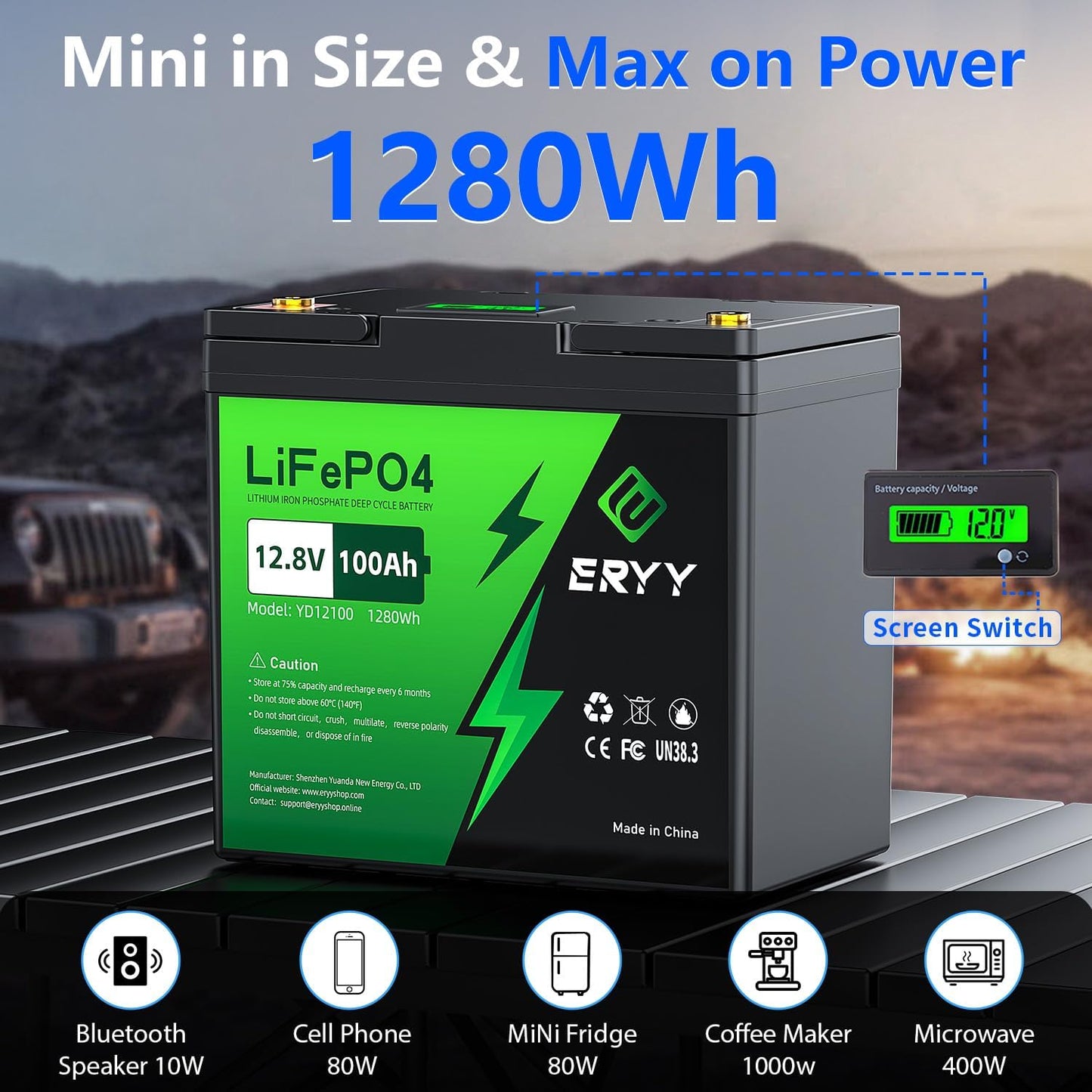 12V 100Ah LiFePO4 Battery - 2 Pack, Rechargeable 12v Lithium Batteries with 100A BMS, VoltMeter, 5000+ Deep Cycle 1.28kWh Higher Energy Density Battery for RV, Boat, Van, TrollingMotor(Mini Size)