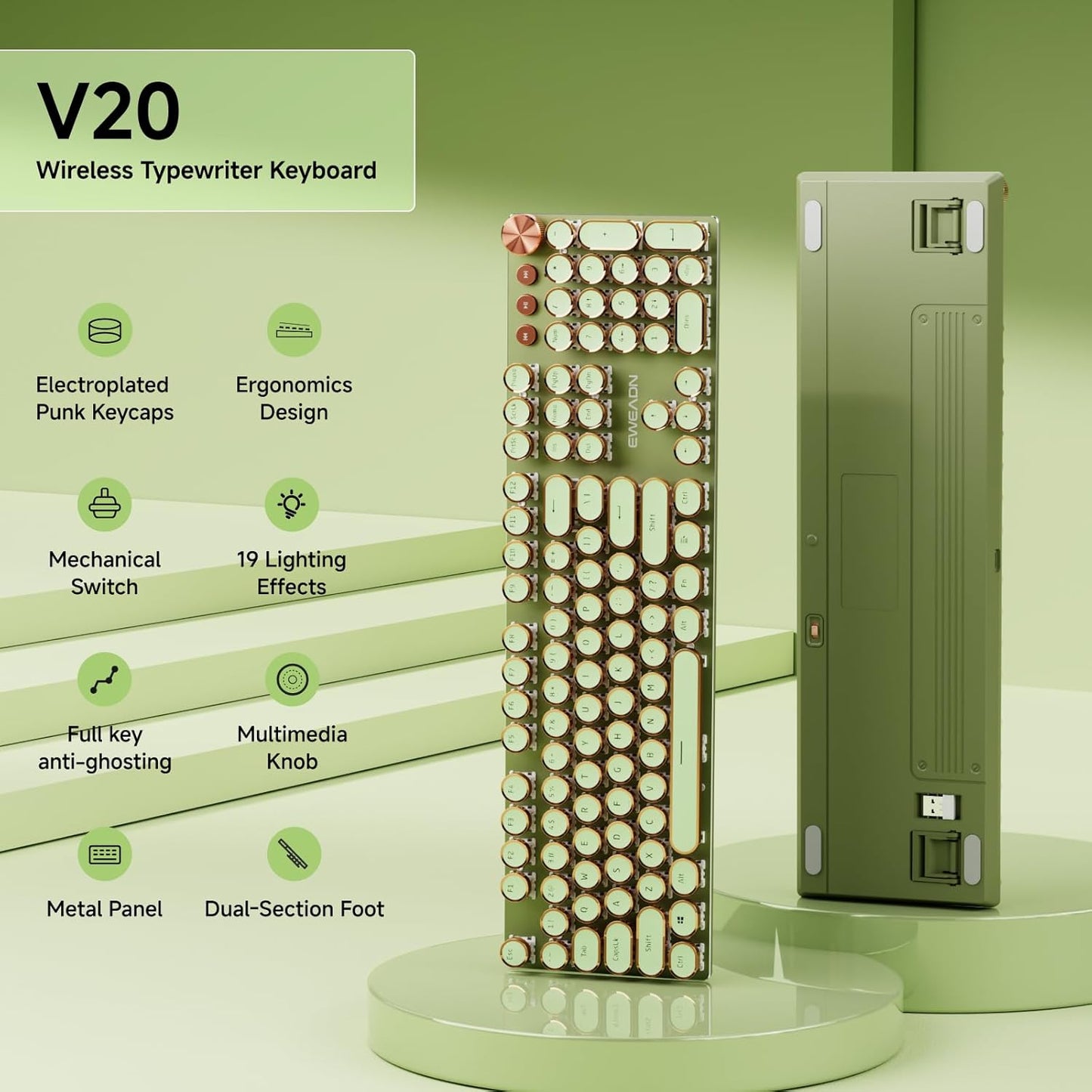 EWEADN V20 Typewriter Keyboard Wireless, 104 Keys Typewriter Style Mechanical with White Backlit, Media Knob, Pink Switch 2.4G/Bluetooth/USB-C Wired Retro Full Size Keyboard for Windows/Mac/PC-Green