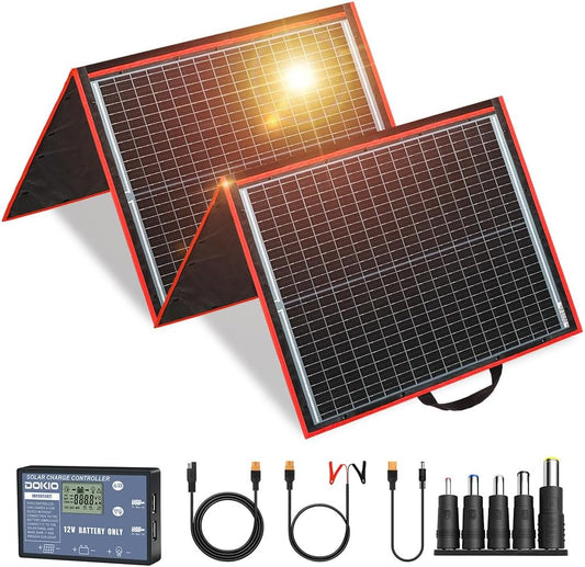 DOKIO 150W Portable Foldable Solar Panel Kit (20x21in, 7.3lb), with Separate Controller and Dual USB, Monocrystalline Charger for 12V Batteries & Power Stations, RV Camping Trailer Emergency Backup