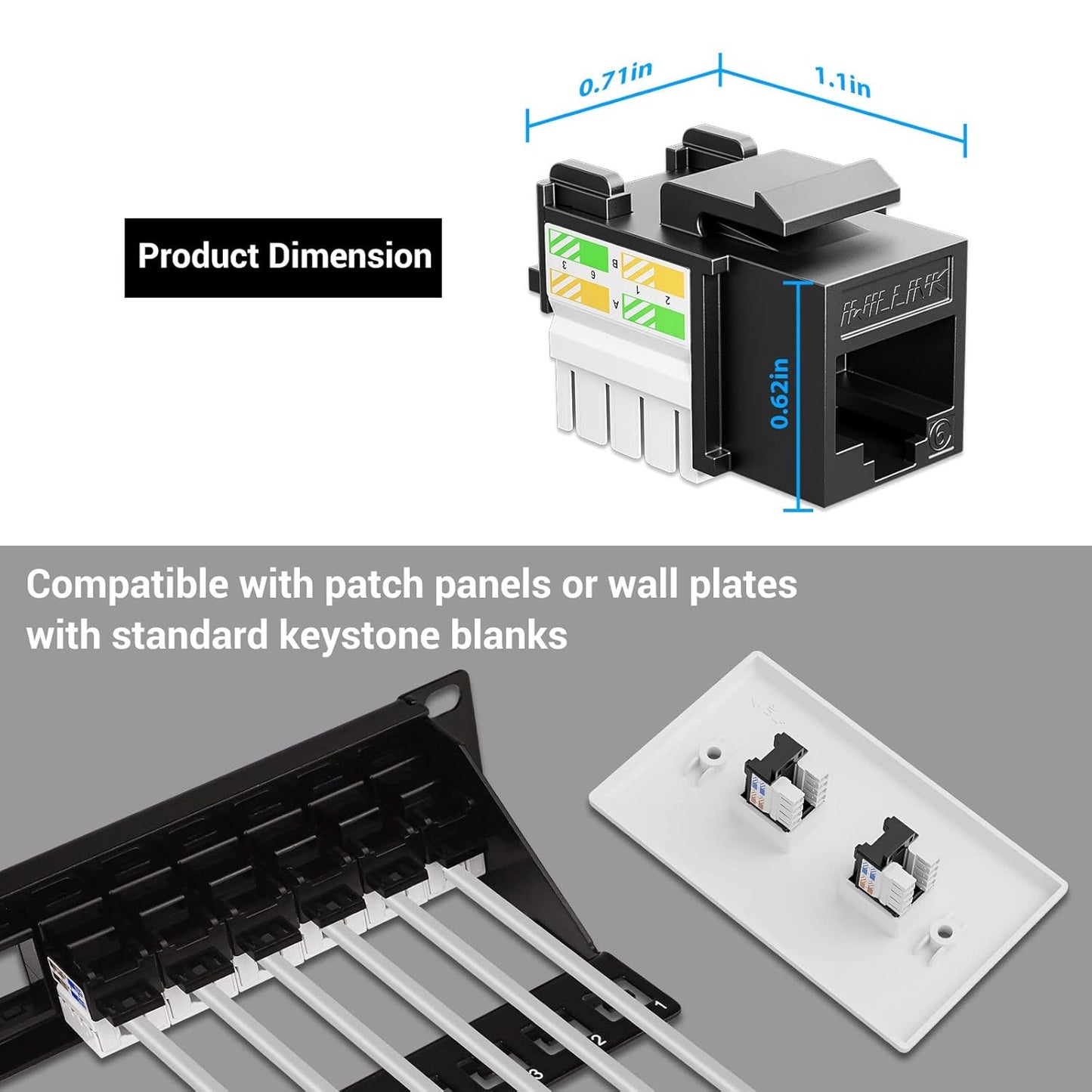 iwillink 10Gbps Cat6 Keystone Jack and Punch-Down Stand, 50-Pack, RJ45 Ethernet Keystone Jacks, 90-Degree UTP Modular Punch Down Keystone Jack Adapter, Black