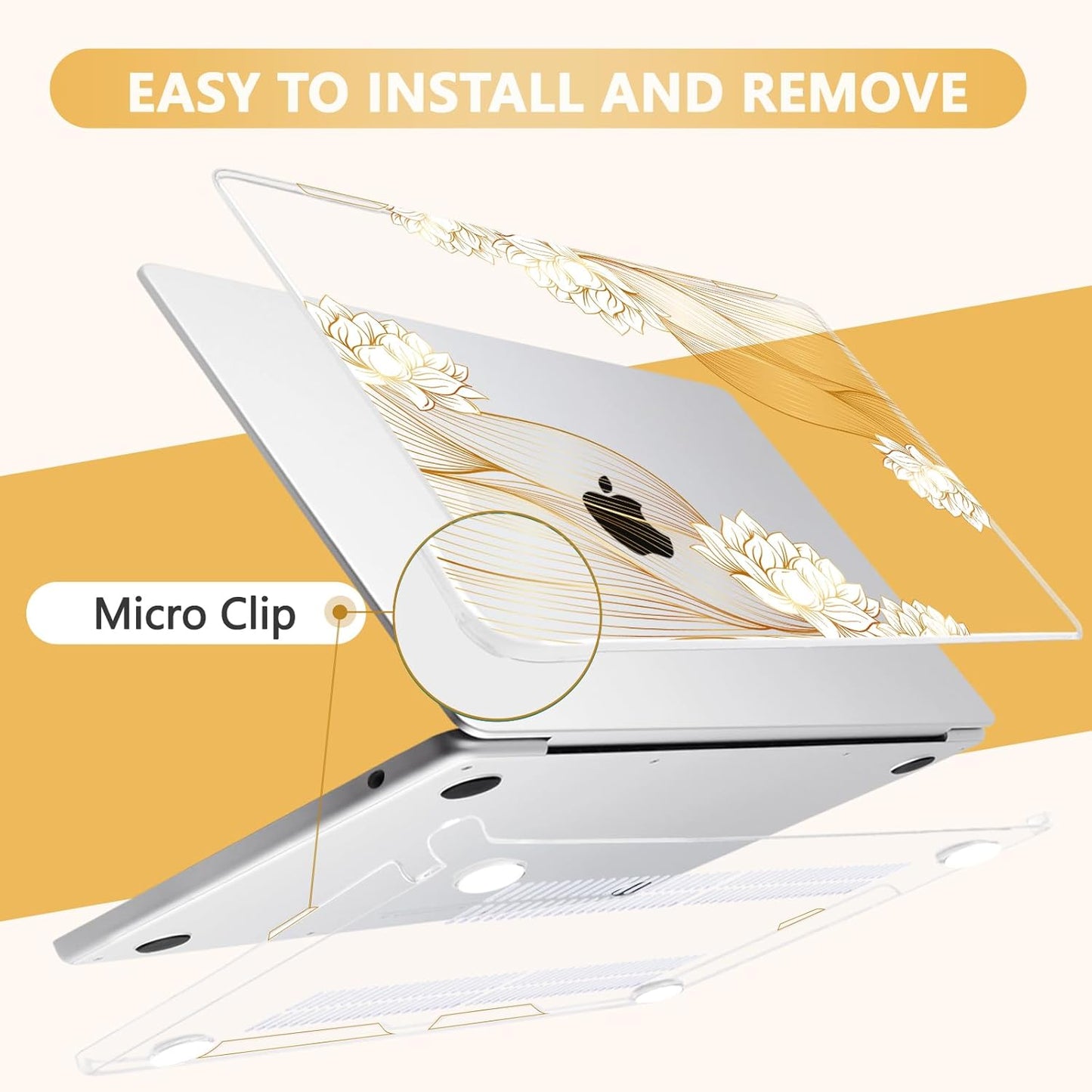 Compatible with MacBook Air 13.6 inch Case, M4 A3240/M3 A3113/M2 A2681 (Released 2025 to 2022), Hard Shell, Keyboard Cover, Screen Protector, Webcam Cover & Type-C Adapter, Gold Lace Flower