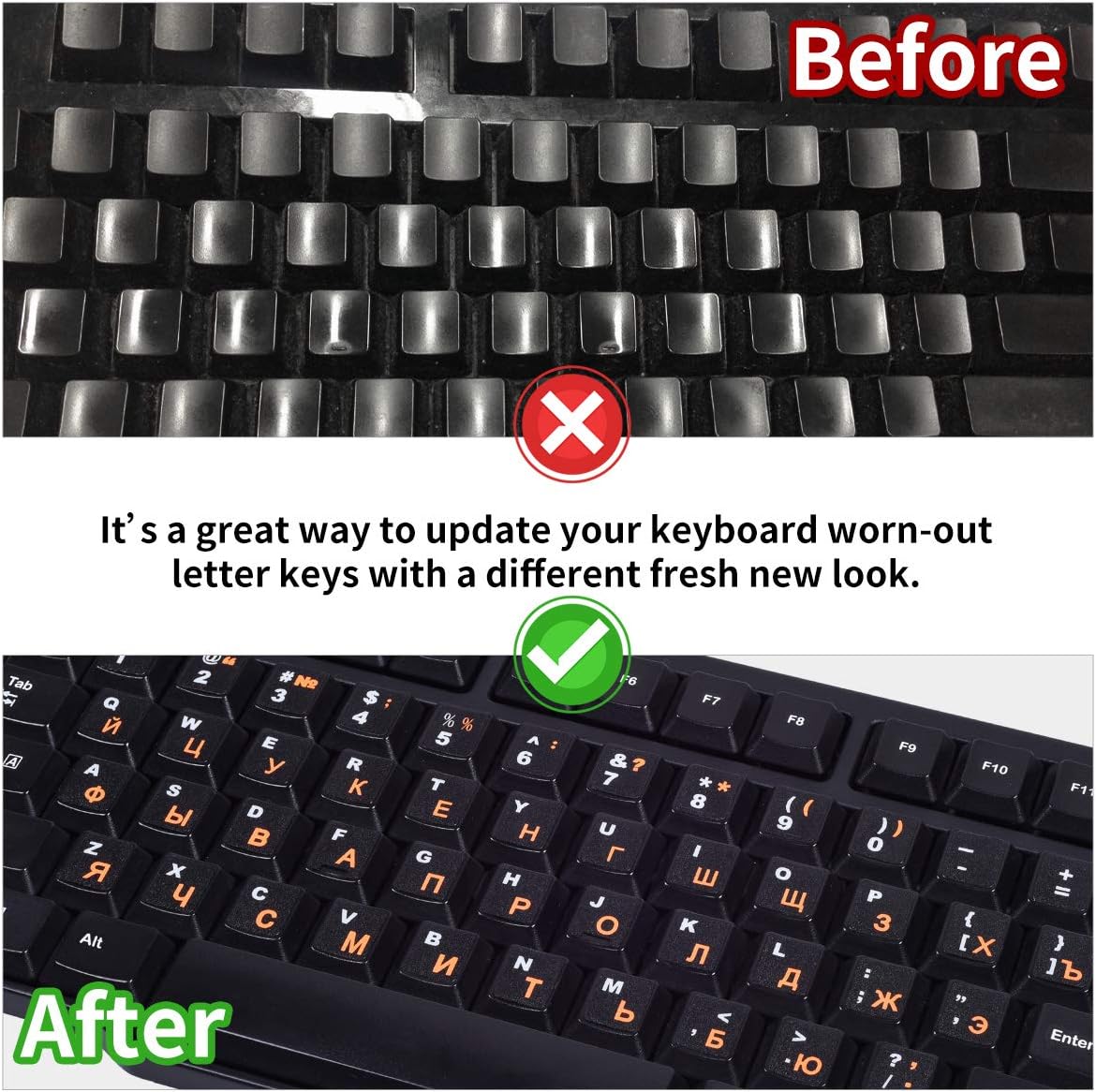 2PCS Russian Keyboard Stickers, Russian-English Keyboard Letters Replacement Sticker Orange Font with Black Background for PC Computer Laptop Notebook Desktop, Cyrillic Keyboard Alphabet Stickers
