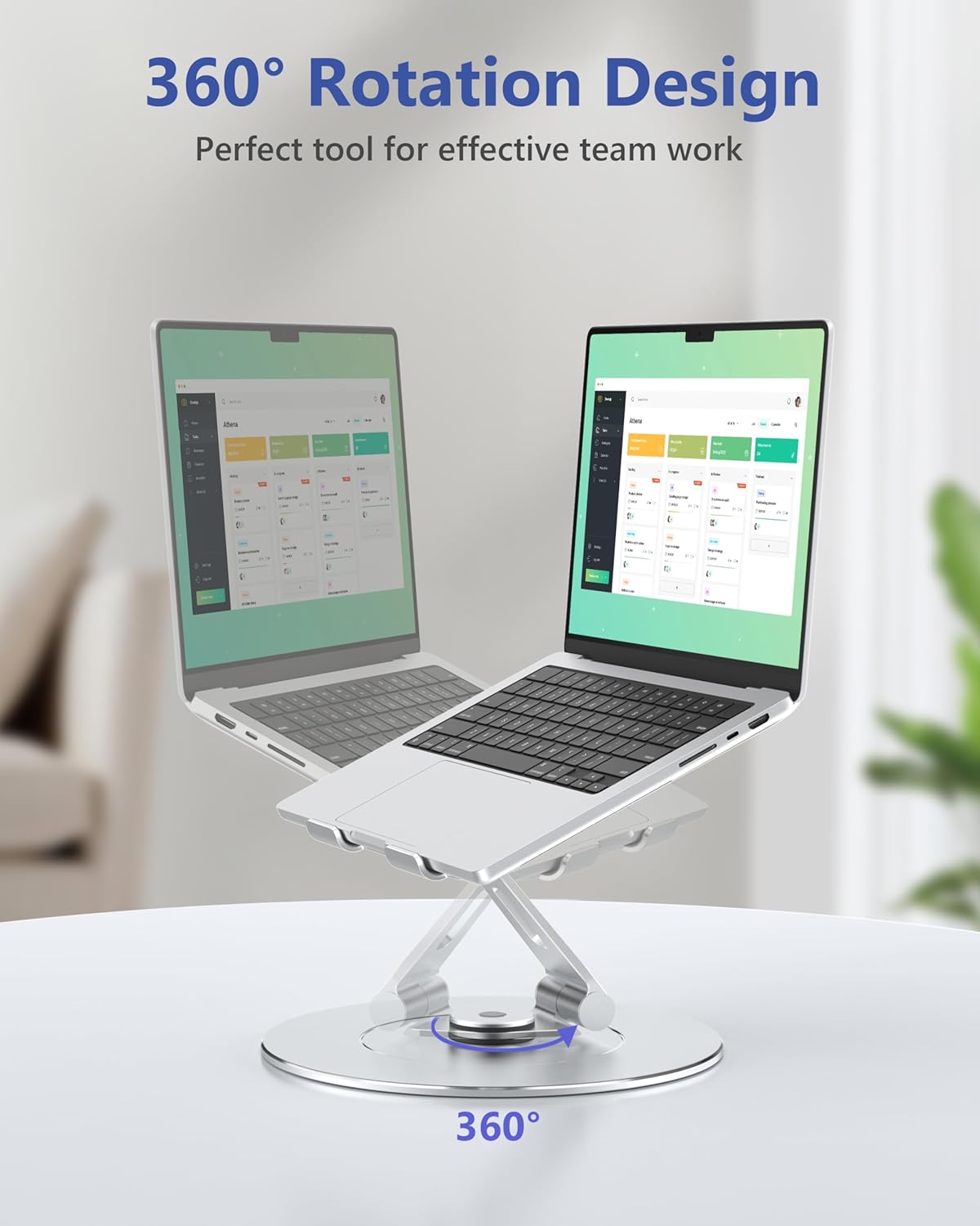 High-End Laptop Stand for Desk with 360 Rotating Base, Ergonomic Protable Laptop Riser for Collaborative Work, Aluinum Computer Notebook Stand Holder for MacBook Air Pro, Dell, XPS, HP up to 17 Inches