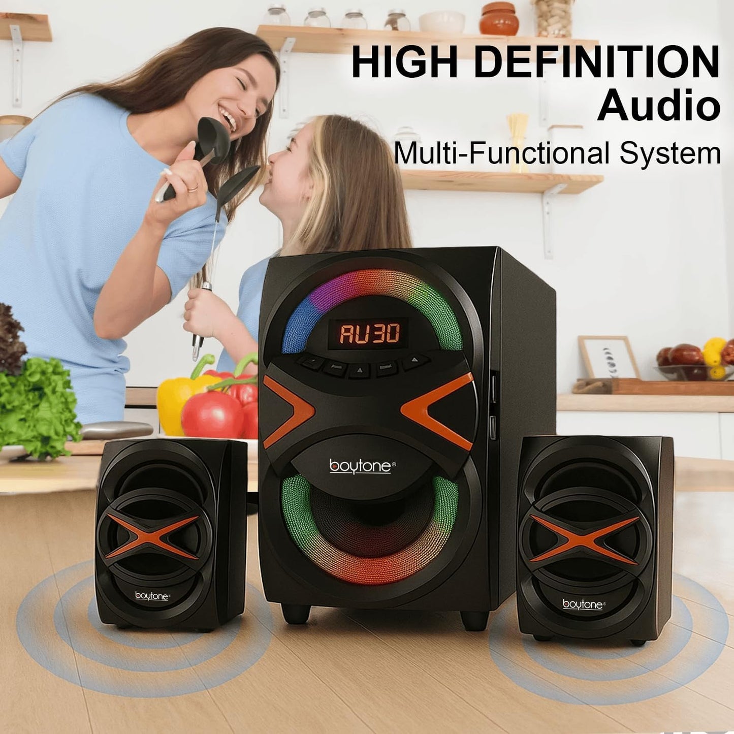 Boytone BT-326F, 2.1 Bluetooth Powerful Home Theater Speaker System, with FM Radio, SD USB Ports, Digital Playback, 40 Watts, Disco Lights, Full Function Remote Control, for Smartphone, Tablet., Black