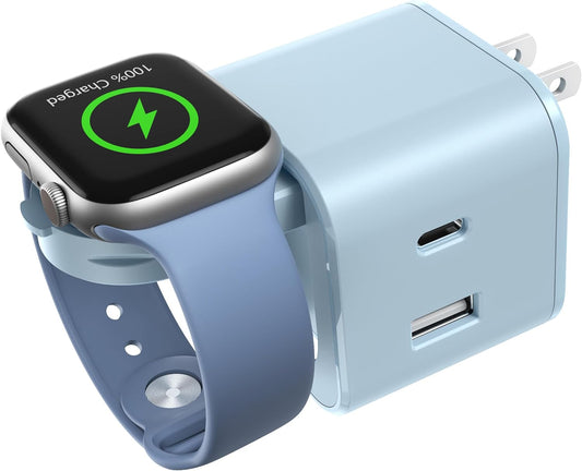 36W for Apple Charging Block with Built-in Watch Charger, Foldable PD Fast Charger Block for iPhone, Dual Ports Wall Charger Compatible with Apple Watch iPhone AirPods(Blue)