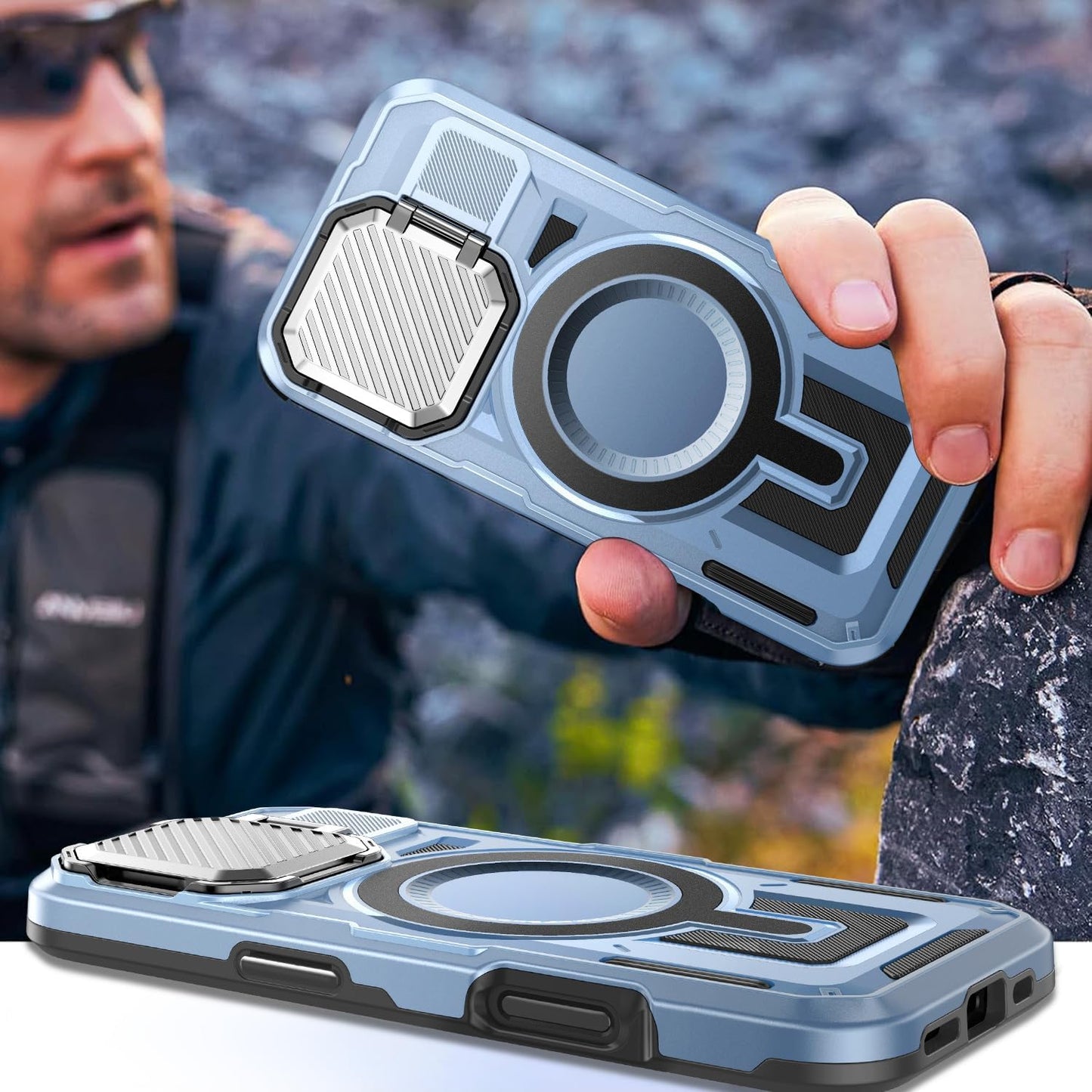 Camera Stand Case for iPhone 16 Plus, [Compatible with Mag Safe] [Lens Cover] 2024 Version Military Grade Protective Soft Case for iPhone 16 Plus 6.7 inch Men Women,Blue