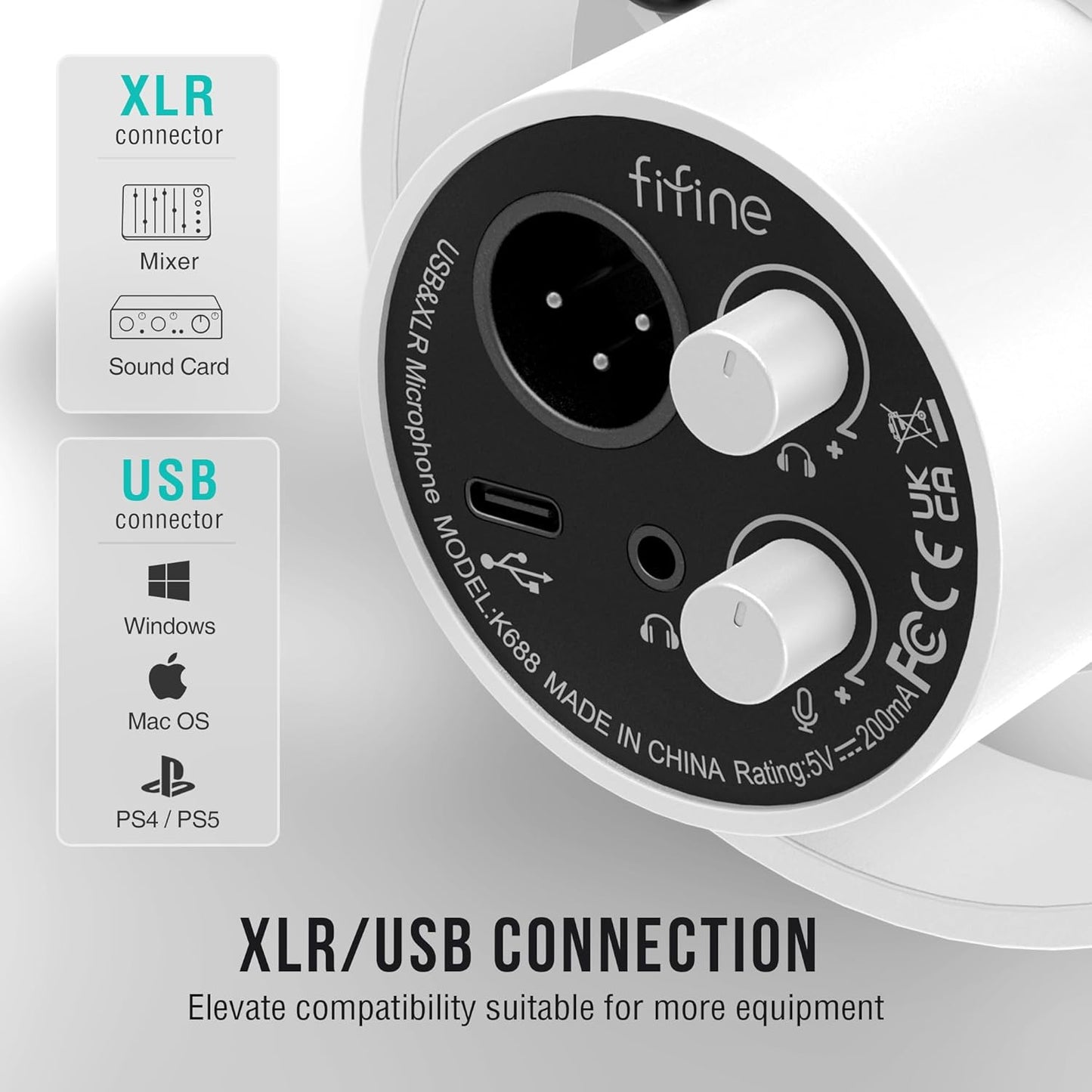 FIFINE Podcast XLR/USB Microphone Kit, Studio Dynamic Vocal Mic for Recording, Streaming, Voice-Over, PC Microphone with Boom Arm with Mute, Headphone Monitoring, Metal-AmpliTank K688T White