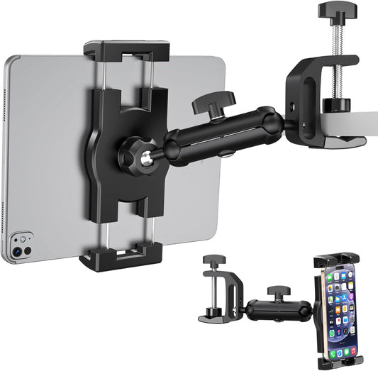 iPad Under Cabinet Mount, Kitchen Tablet Mount Holder, iPad Desk Mount w/Clamp, Aluminum Base&Metal Arm, 360° Rotation, Compatible with 4.7"-12.9" iPad Pro/Air/Mini/Kindles/Galaxy Tab/Phones