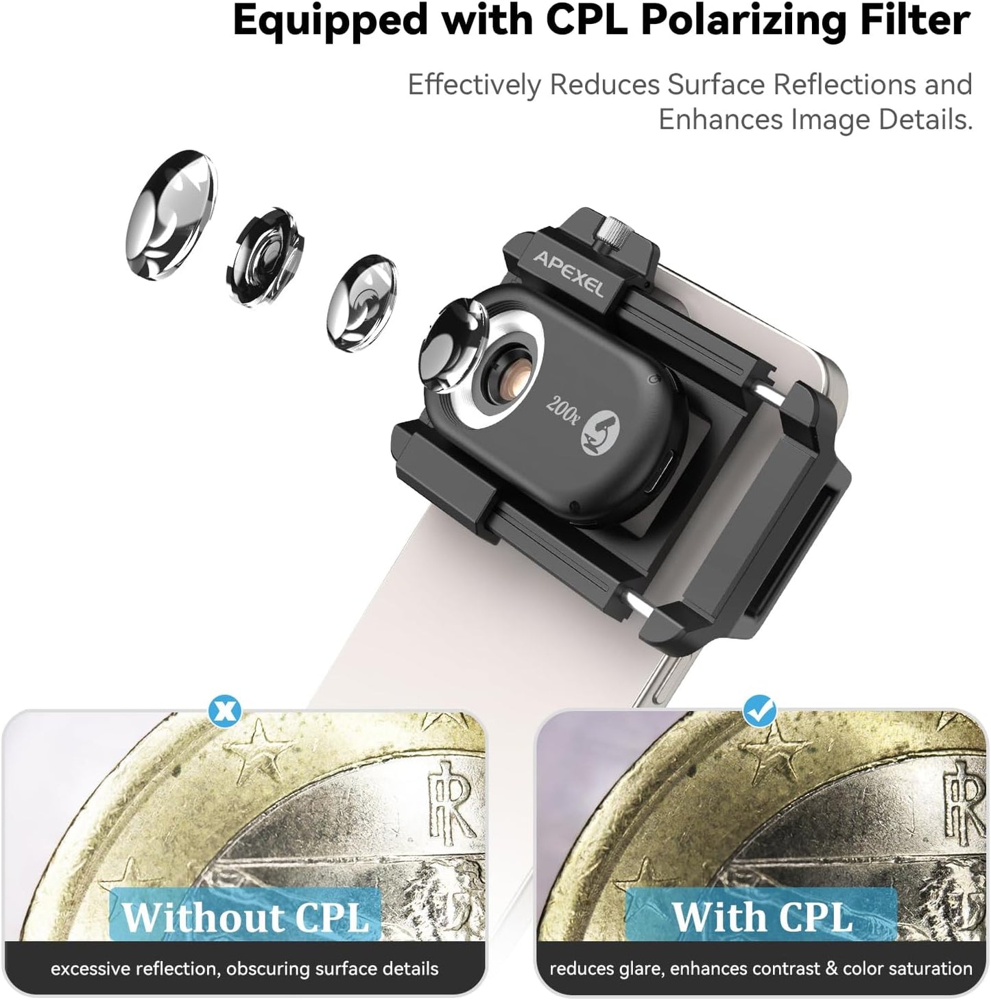 APEXEL Phone Microscope Lens, 200X Phone Micro Lens Nano Zoom for Android/iPhone With LED UV Light/CPL/Universal Clip, Mini Pocket Digital Microscope, Portable Smartphone micro lens Camera Attachments