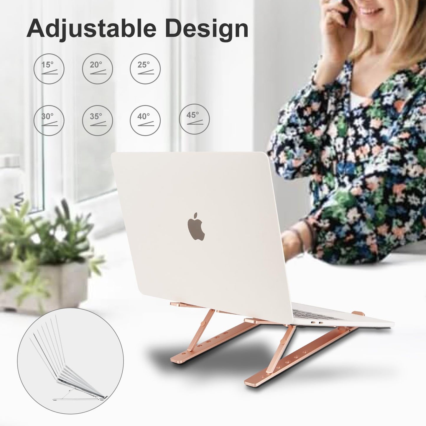 Ergonomic and Foldable Laptop Stand for Desk, Adjustable Riser, Fits All Laptops and Notebooks up to 17,Ultra-Thin,Ventilated Cooling,ABS+Silicone,Gold.