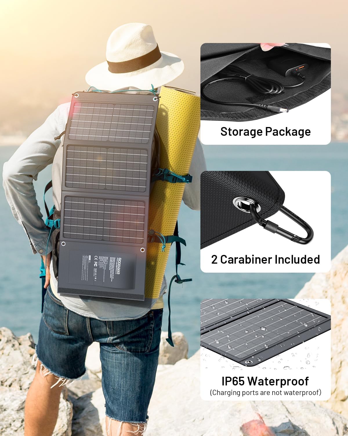 GOODaaa 30W Portable Solar Panel with Three Outputs, USB QC 3.0 Fast Charging Foldable Solar Charger, IP65 Waterproof Panels for Outdoor, Dual USB & One DC Charger for Phones, Tablet, Power Station
