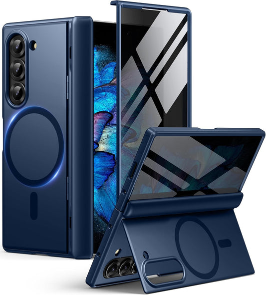 BERFY Magnetic for Samsung Galaxy Z Fold 6 Case with Privacy Screen Protector, [Compatible with MagSafe][Anti Spy] Built-in Hidden Kickstand, Full-Body Shockproof Slim Phone Case for Z Fold 6, Blue