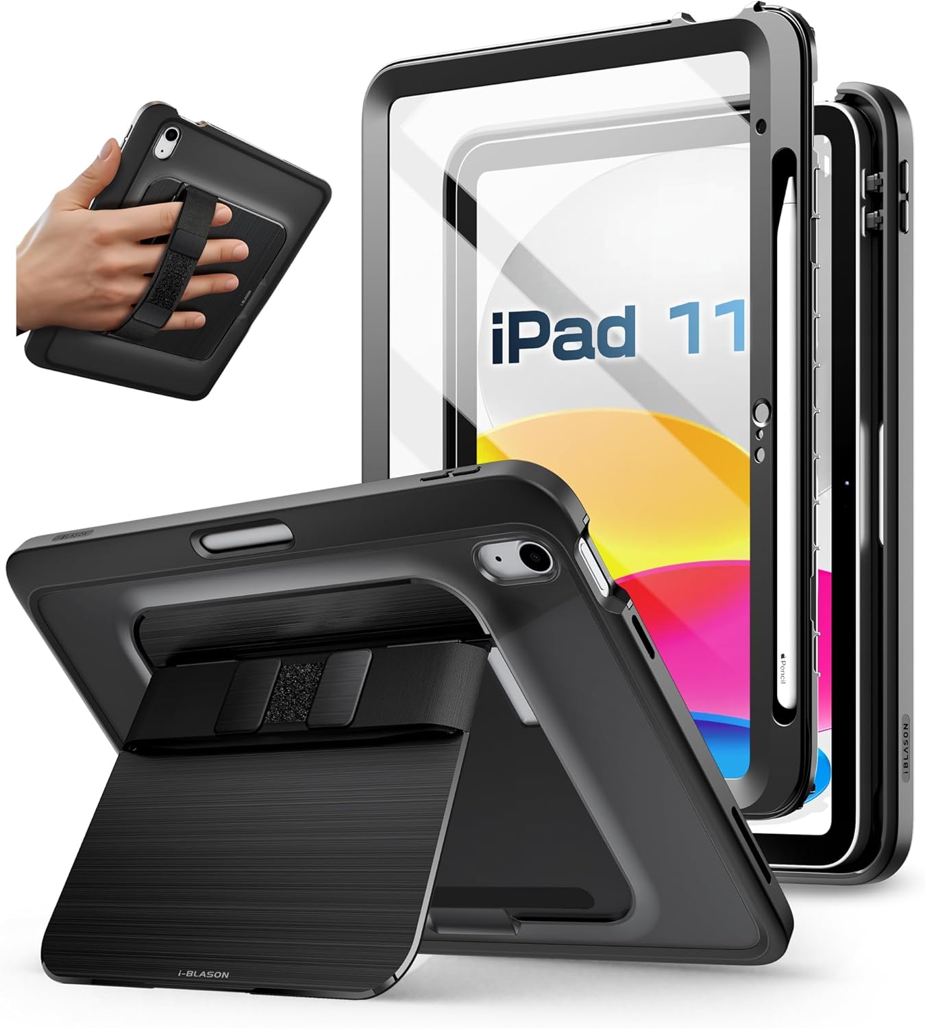 i-Blason Grip for iPad A16 11th Generation Case 11'' 2025/ iPad 10th Generation Case [Hand Strap] [Screen Protector] [Metal Stand & Pencil Holder] Full-Body Rugged Bumper Protective Cover (Black)