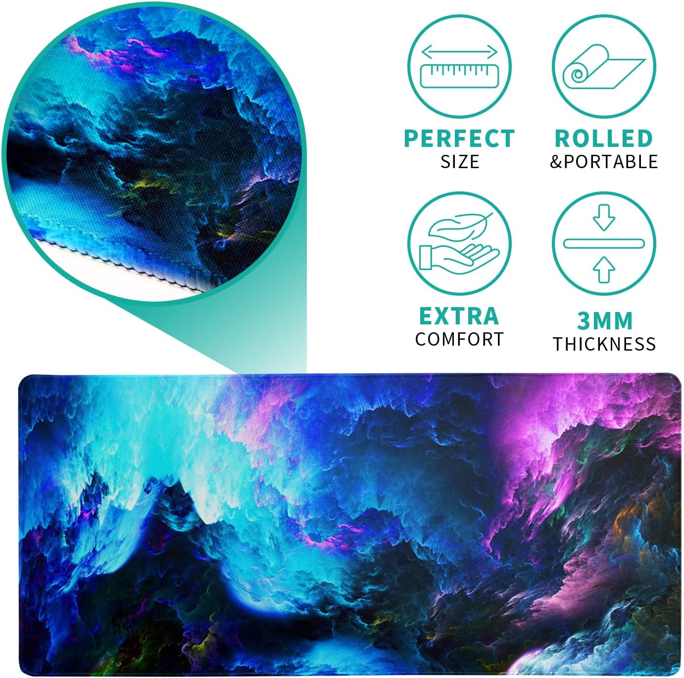 Dazzling Galaxy Gaming Mouse Pad 31.5x11.8 Inch Blue Purple Galaxy Nebula Universe Space Large Mousepad Non-Slip Rubber Base Stitched Edges Keyboard Mouse Mat Desk Pad for Office Home and Game