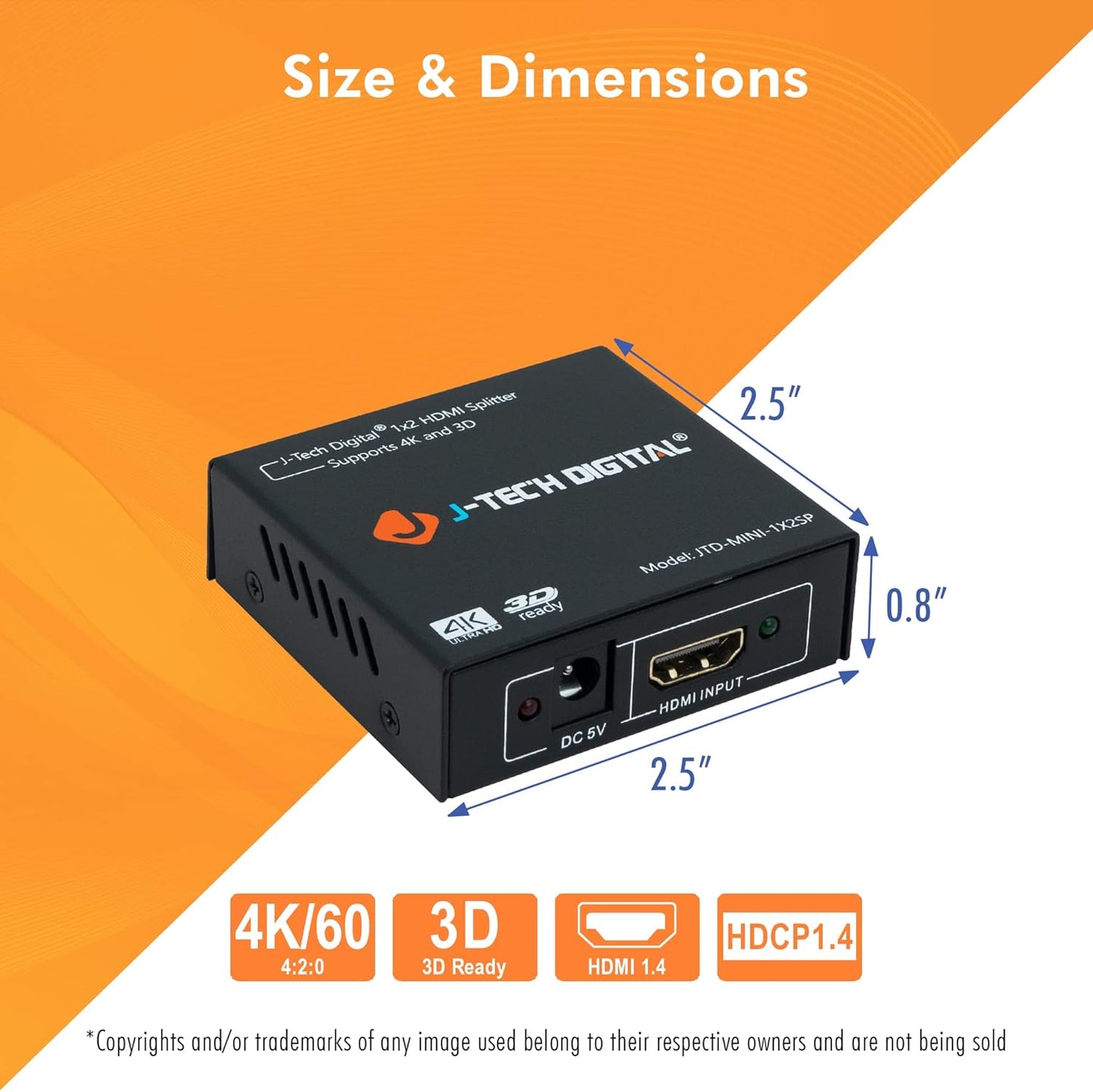 4K@60 HDMI Splitter 1 in 2 out 1X2 Powered Splitter for Dual Monitors by J-Tech Digital [JTD-MINI-1X2SP]