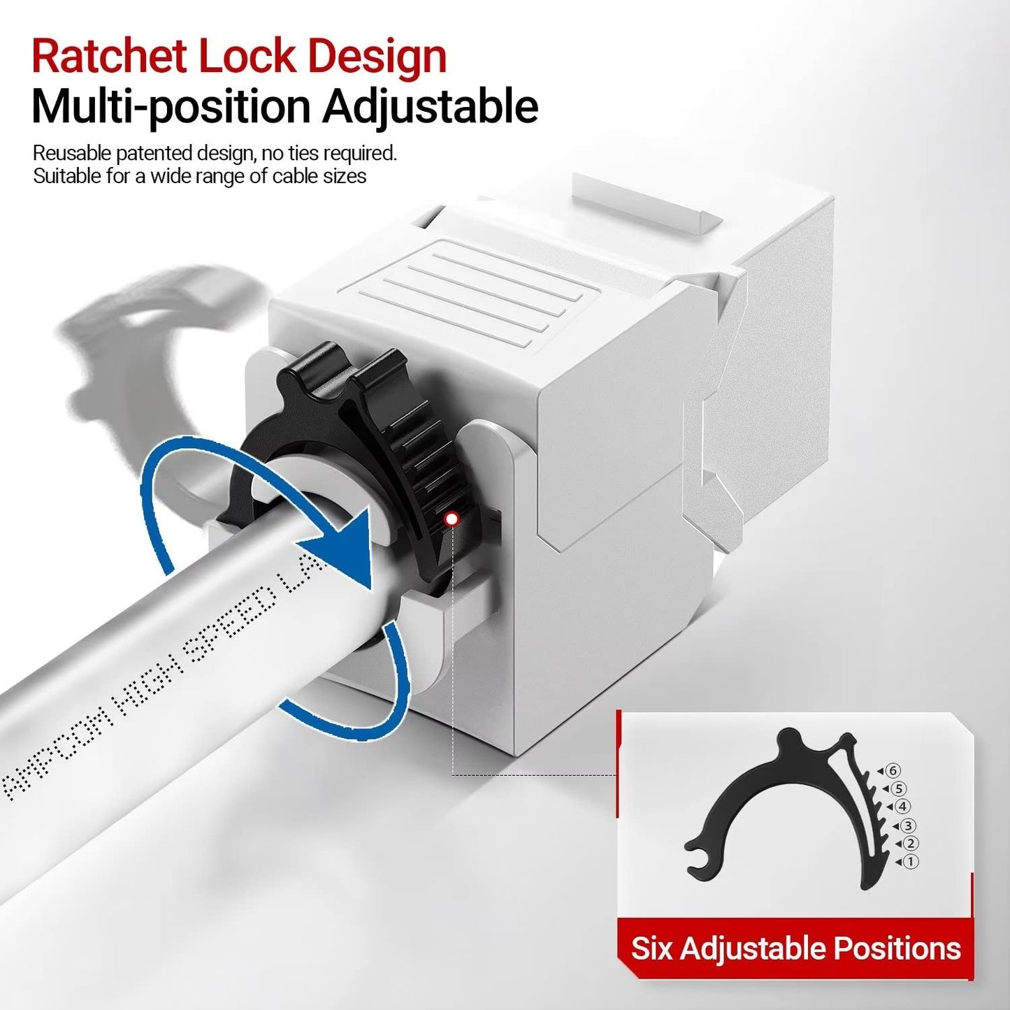 AMPCOM CAT6 RJ45 Keystone Jack - Reusable UTP Ethernet Wall Jack with Adjustable Ratchet Lock Design, No Tool and Zip Tie Required - 50u Gold Plated - White (12-Pack)