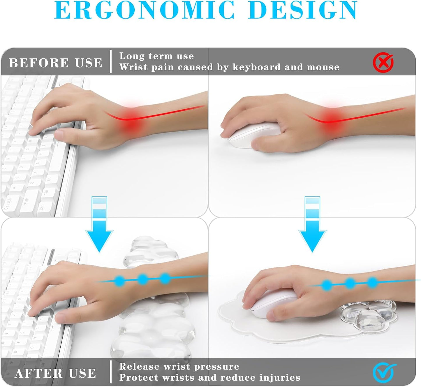Gel Cloud Keyboard and Mouse Wrist Rest, Cute Wrist Support and Arm Support Rest for Typing Pain Relief，Suitable for Office/Computer/Laptop/Gaming Set-White