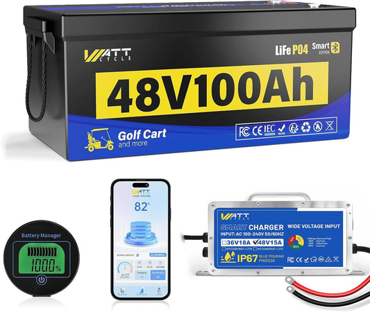 48V Lithium Battery Golf Cart Built-in BMS 200A Bluetooth, 48 Volt 100Ah Lithium Battery for Golf Cart with 15A Charger, Vibration-Resistant Structure, 10 Years Lifespan Deep Cycle 15000+