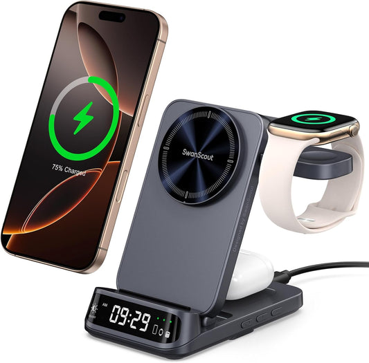 Wireless Charger Stand Compatible with MagSafe, SwanScout 708M, Foldable 3 in 1 Magnetic Wireless Charging Station for iPhone 16/15/14/13 Series, Travel Charger for Apple Watch, AirPods (No Adapter)