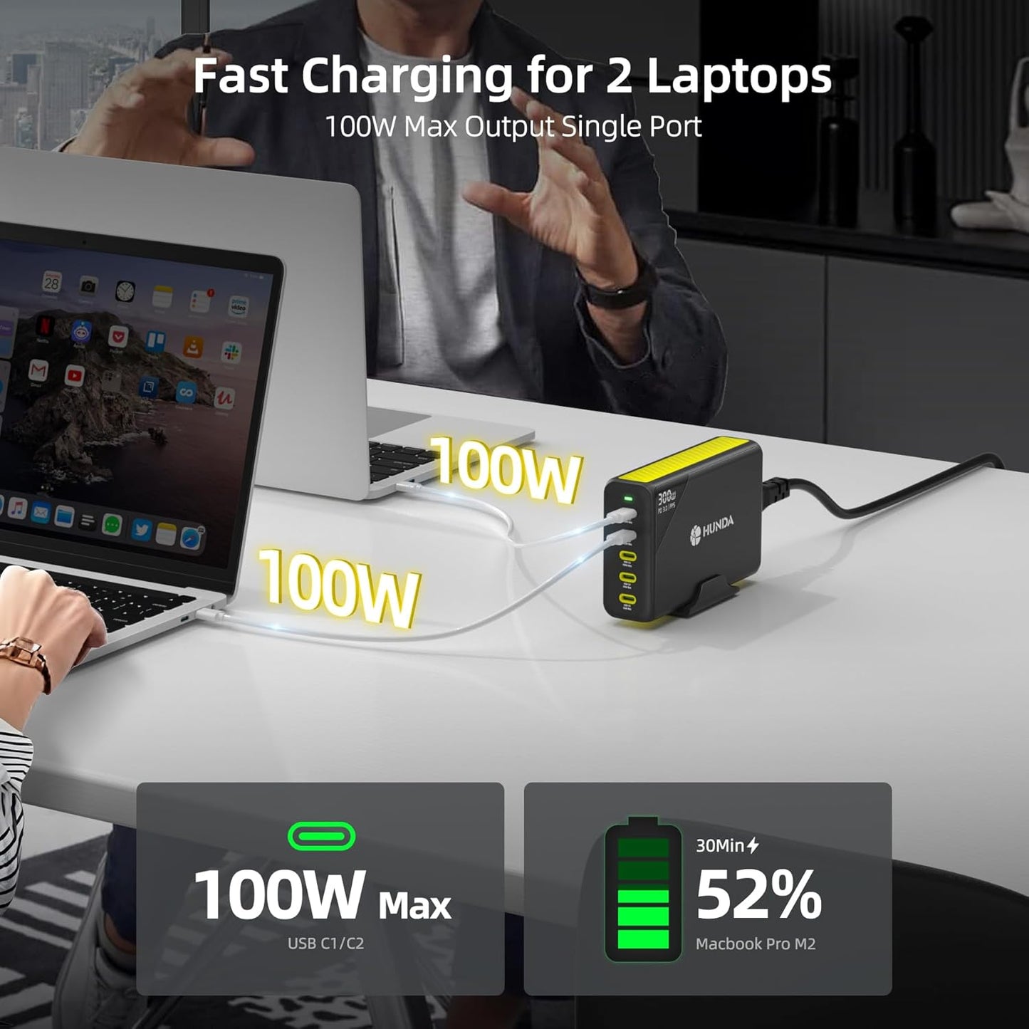 HUNDA 300W USB C Charger GaN Charging Station Desktop 5 Ports PD 100W Fast Power Adapter Support PD3.0 /PPS 45W /QC5 for MacBook Pro/Air, iPhone 15 Pro,Samsung,HP,Dell etc