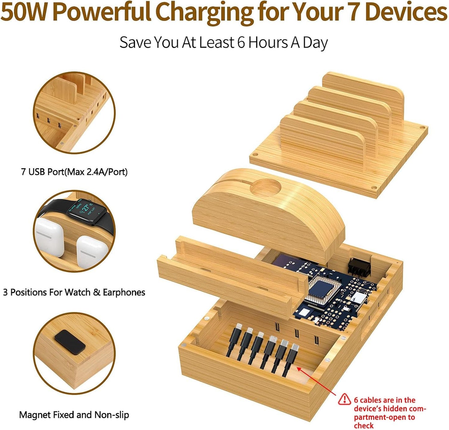 Bamboo Charging Station for Multiple Devices, Alltripal Wood Desktop Docking Station 7-Port Multi-Charger Organizer Fast USB Charger Compatible with iPhone, iPad, AirPods, iWatch, Cell Phone, Tablet