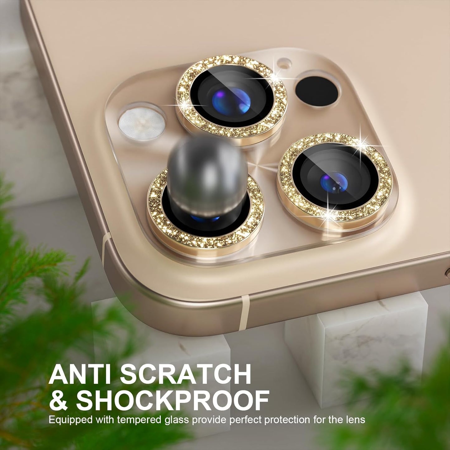 Choiche Compatible for iPhone 16 Pro/iPhone 16 Pro Max Camera Lens Protector, Bling Camera Cover with 9H Tempered Glass Lens Screen Protector Metal Ring Decoration Accessories (Clear-Titanium Desert)