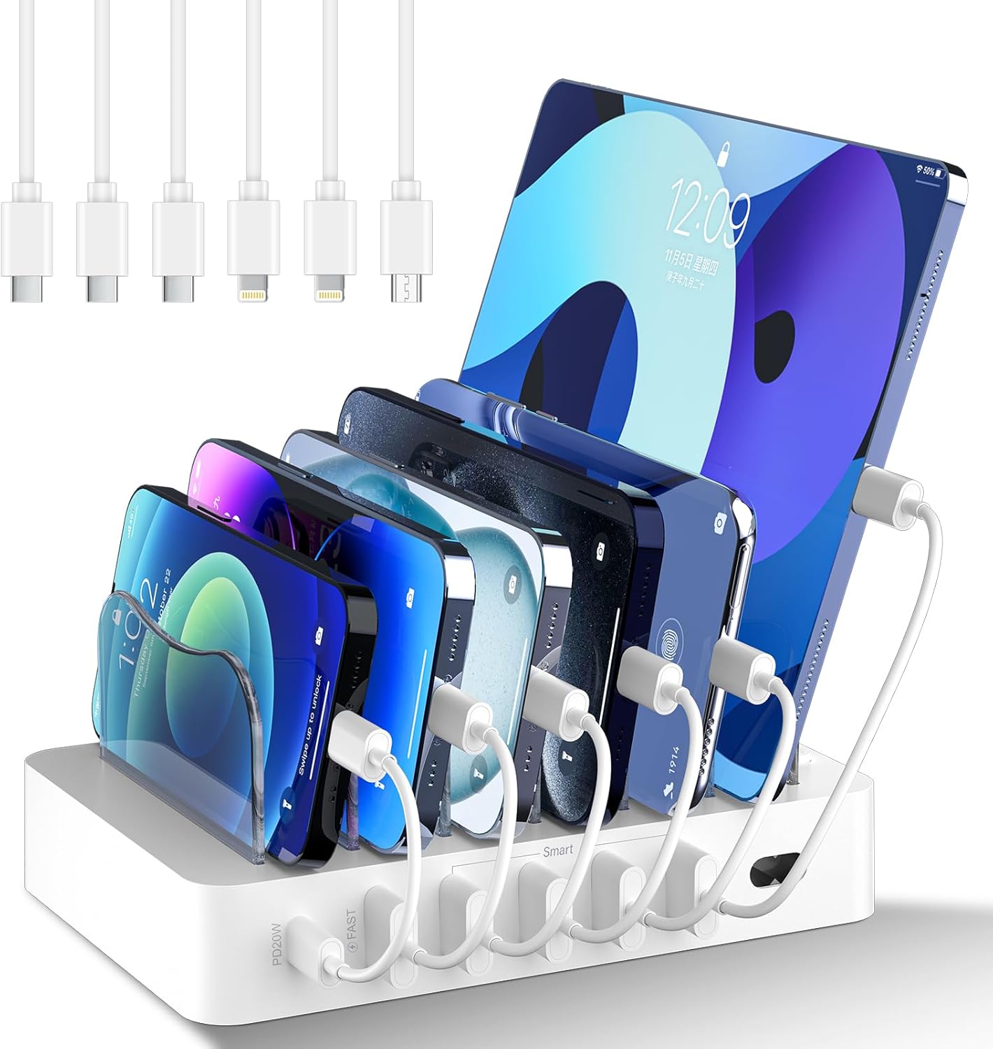 Charging Station for Multiple Devices: 68W 6 Port 20W Fast Phone Charger Dock with 6 Cables, Compatible with Apple Cellphone iPad iPhone Tablet and Other Electronic (White)