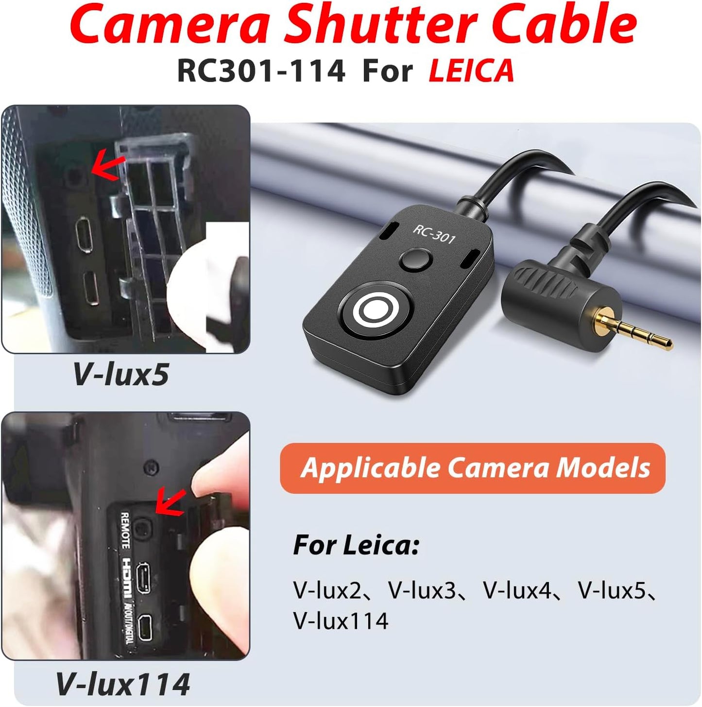 for Leica V-lux114 Cable/for Panasonic Genera Shutter Cable s5 ii S5M2XS GH4 GH5 /6 g85 g9 Remote Camera Small Shutter Release Remote Control V-lux2,V-lux3,V-lux4,V-lux5,V-lux114(RC301-L1 30cm)