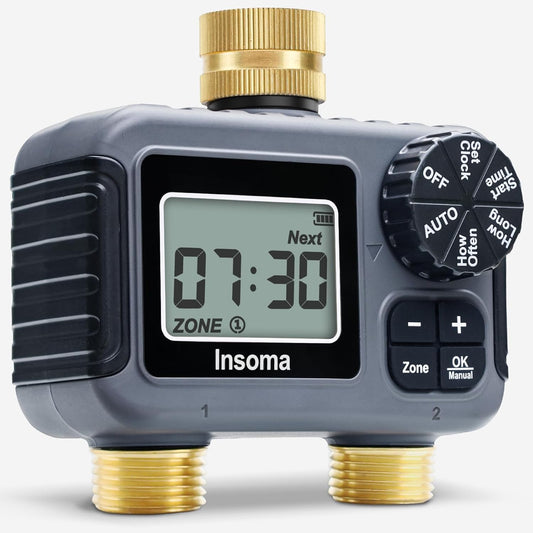 Insoma 2 Outlets Sprinkler Timer with Brass Inlet & Outlet, Water Timer for Garden Hose with Auto/Manual Modes + Rain Delay, Hose Timers for Garden, Yard Lawn, IPX5 Waterproof & Save Water