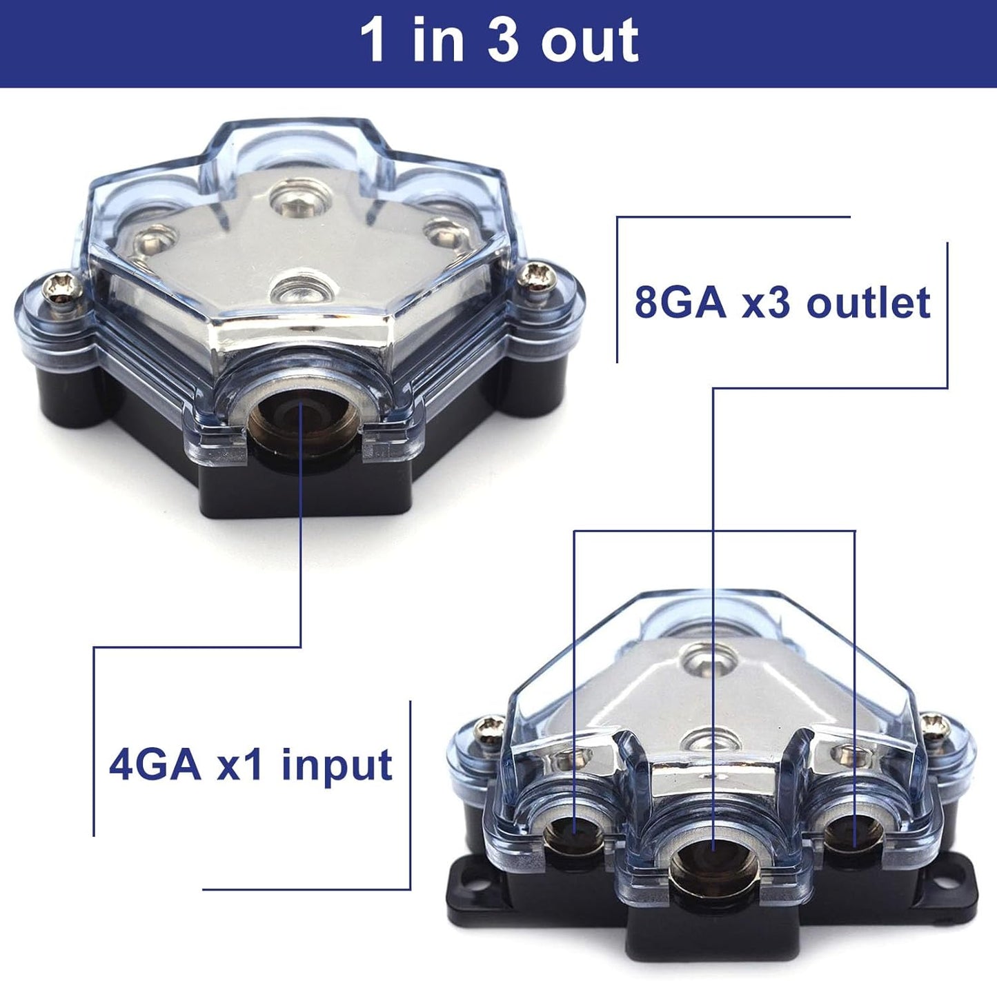 1pc Distribution Block 1 in 3 Ways Out Power Distribution Block Car Audio 1x4 Gauge Input 3x8 Gauge Output Ground Distribution Block for Automotive