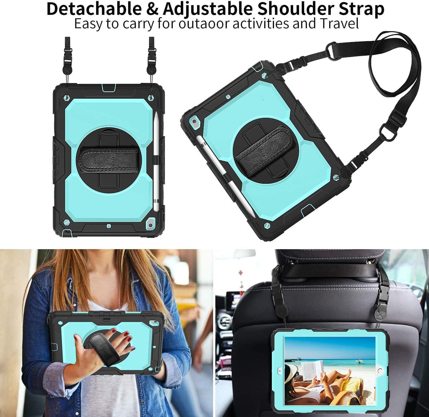 BLOSOMEET Case for iPad 9th/8th Generation 2021/2020 10.2 Inch with Tempered Glass Screen Protector & Pencil Holder,Rugged Kids iPad 7th Gen 10.2 Case 2019 Cover w/Stand Hand Shoulder Strap,SkyBlue