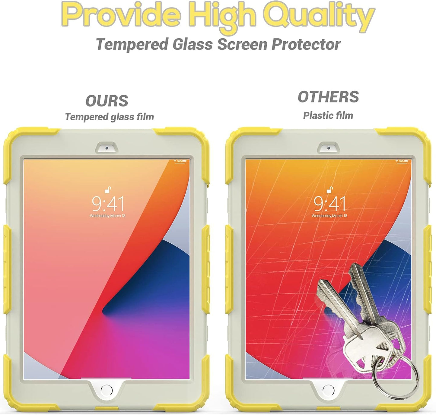 BLOSOMEET Kids Case for iPad 10.2 9th/8th Generation 2021 2020 with Tempered Glass Screen Protector Pen Holder,Cute Girls Boys iPad 7th Gen Cover Rugged w/Stand Hand Shoulder Strap Yellow