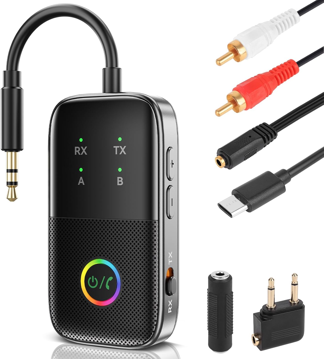 Bluetooth 5.2 Transmitter Receiver aptX Adaptive/Low Latency/HD Bluetooth Adapter Support 2 AirPods Phones, Wireless Audio Receiver 3.5mm Aux Headphone Jack Adapter for Airplane Travel/TV/Home Stereo