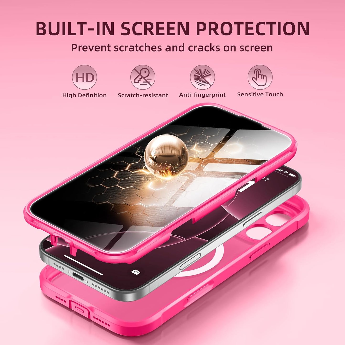 BERFY Magnetic for iPhone 16 Pro Case, Compatible with MagSafe, Built-in Privacy Screen Protector and Upgraded Camera Protection, Anti-Spy Full Body Shockproof Phone Case for 16 Pro 6.3", Hot Pink