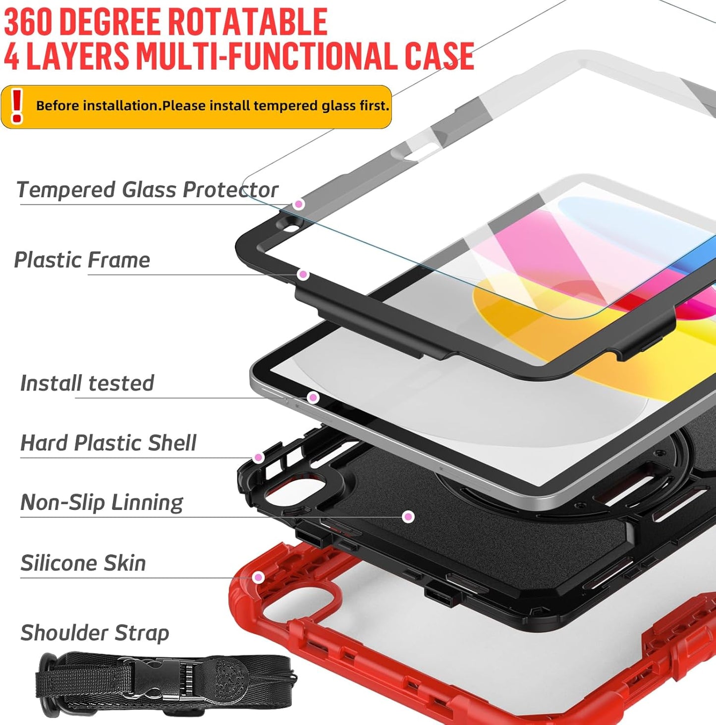 BLOSOMEET Case for iPad A16 11th/10th Generation 11''/10.9'' 2025/2022 with Tempered Glass Screen Protector & Pencil Holder, Rugged Military Grade Cover w/Stand Hand Shoulder Strap, Red