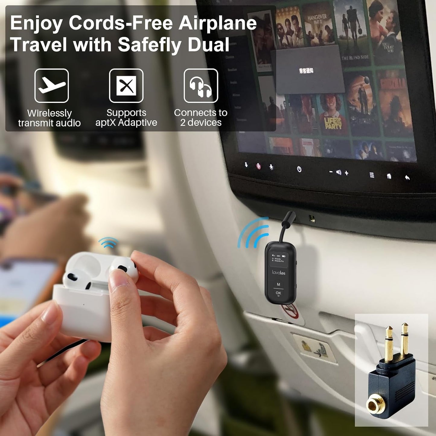 Bluetooth 5.3 Transmitter Receiver for Airplane to 2 Headphone – AptX Low Latency, 100ft Long Range, 25H Playtime, 2-in-1 Wireless Bluetooth Audio Adapter W/Screen for TV, Tablets, Speakers
