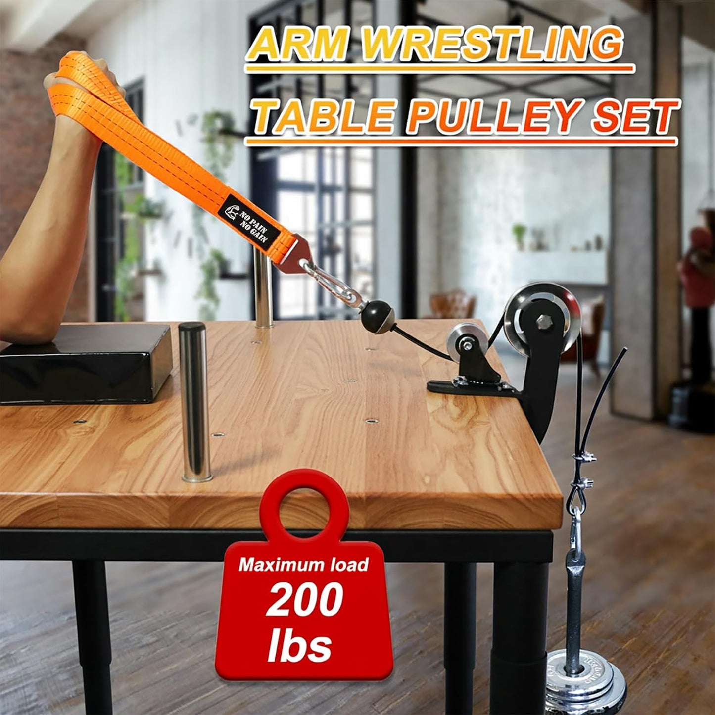 Arm Wrestling Pulley System with Adjustable 1.5m Steel Cable, Dual Aluminum Pulleys, 220lb Capacity, Table Clamp and Loading Pin for 1” & 2” Weight Plates, Wrist Strength Training Equipment