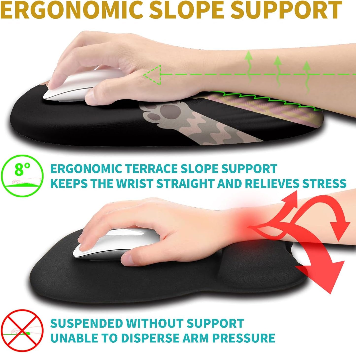 Hokafenle Ergonomic Mouse Pad Wrist Support with Stepped-Wedge Design, Wrist Rest Pain Relief Mousepad Filled with Memory Foam, Carpal Tunnel Mousepad for Wireless Mouse(12x8 inch, Paw)