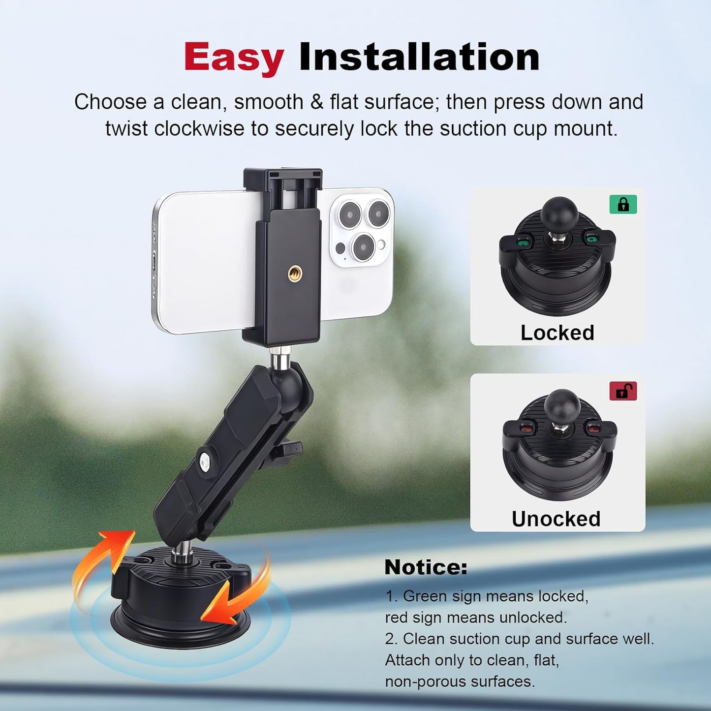 Camera Suction Cup Mount with Ball Head Magic Arm, Universal 360°Vacuum Suction Cup Mount for Action Cameras/GoPr0 Hero 13/DJI Osmo X4/Phone Holder on Car Windshield,Dashboard-Video Shooting,JC028