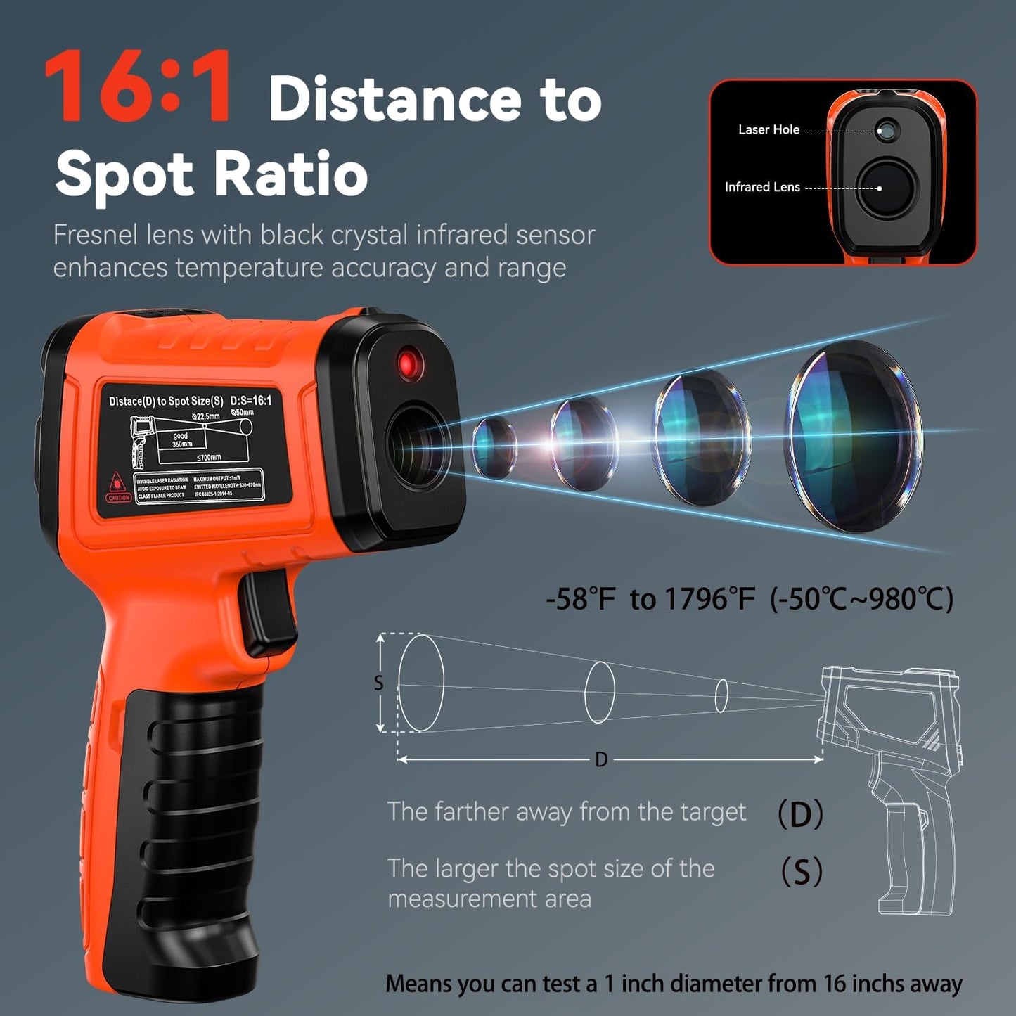 Infrared Temperature Gun -58°F to 1796°F, Dual-Mode Thermometer Gun with K-Type Thermocouple(-58°F to 572°F), Laser Temp Guns for Reptiles, Cooking, Griddle, Oven, 16:1 Home Handheld Thermometer
