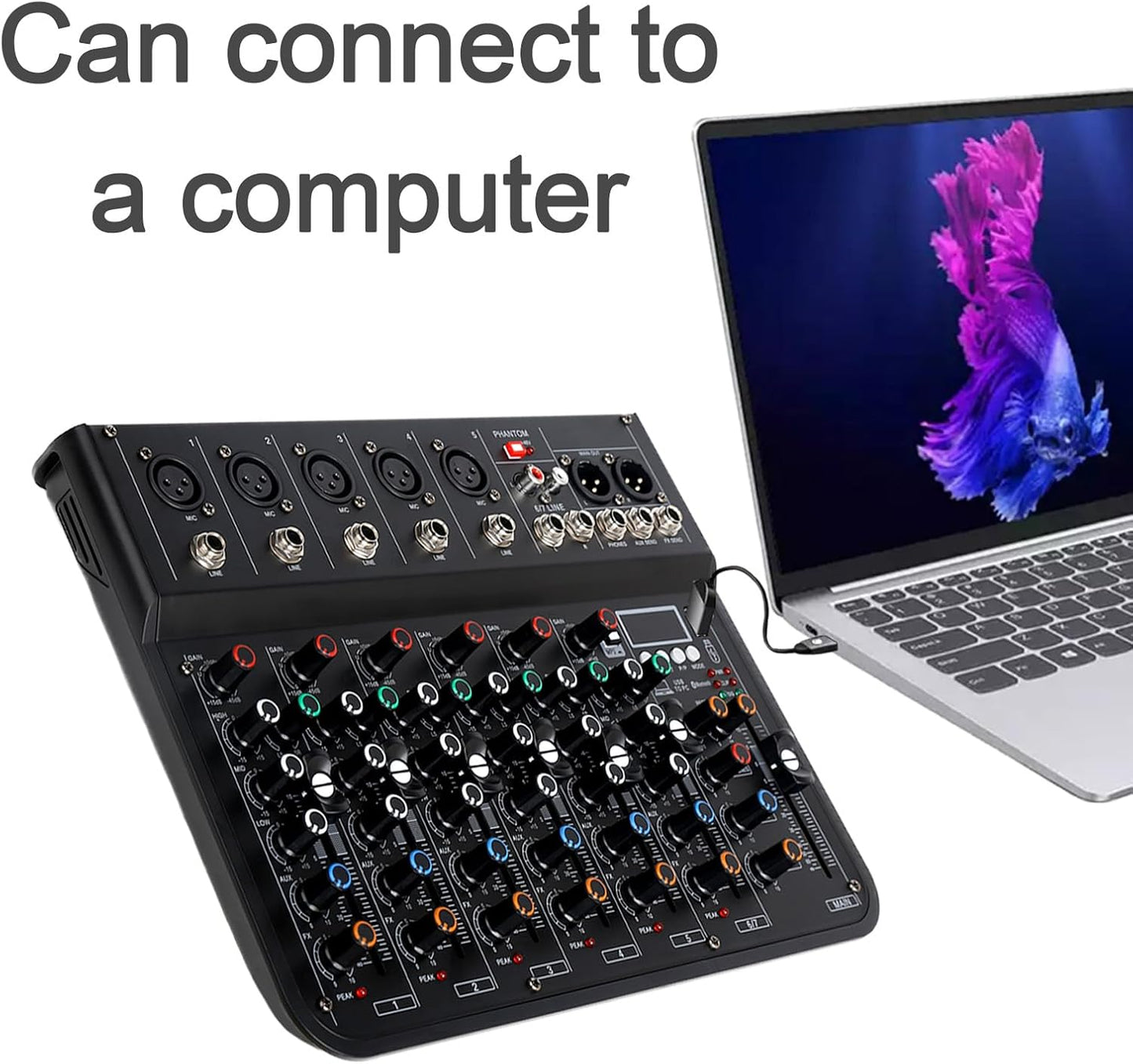 7 Channel mixer, DJ Mixer Board with Bluetooth and Usb, Audio Sound Card with Interface Recording and 48V Phantom Power, Sounds Mixer Board with FX Reverb Delay Effect for Streaming