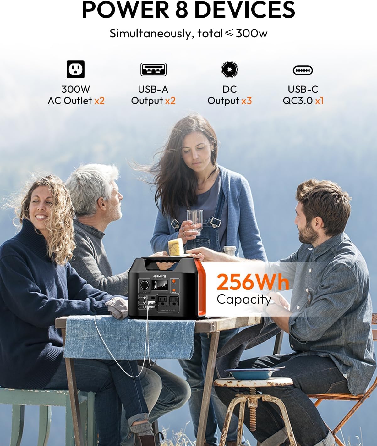 Apowking Portable Power Station 300W Rated(600W Peak), 256Wh LiFePO4 Battery, Solar Powered Power Bank with 2 AC Outlet 110V Pure Sine Wave, Solar Generator for Home Outdoor Camping Emergency