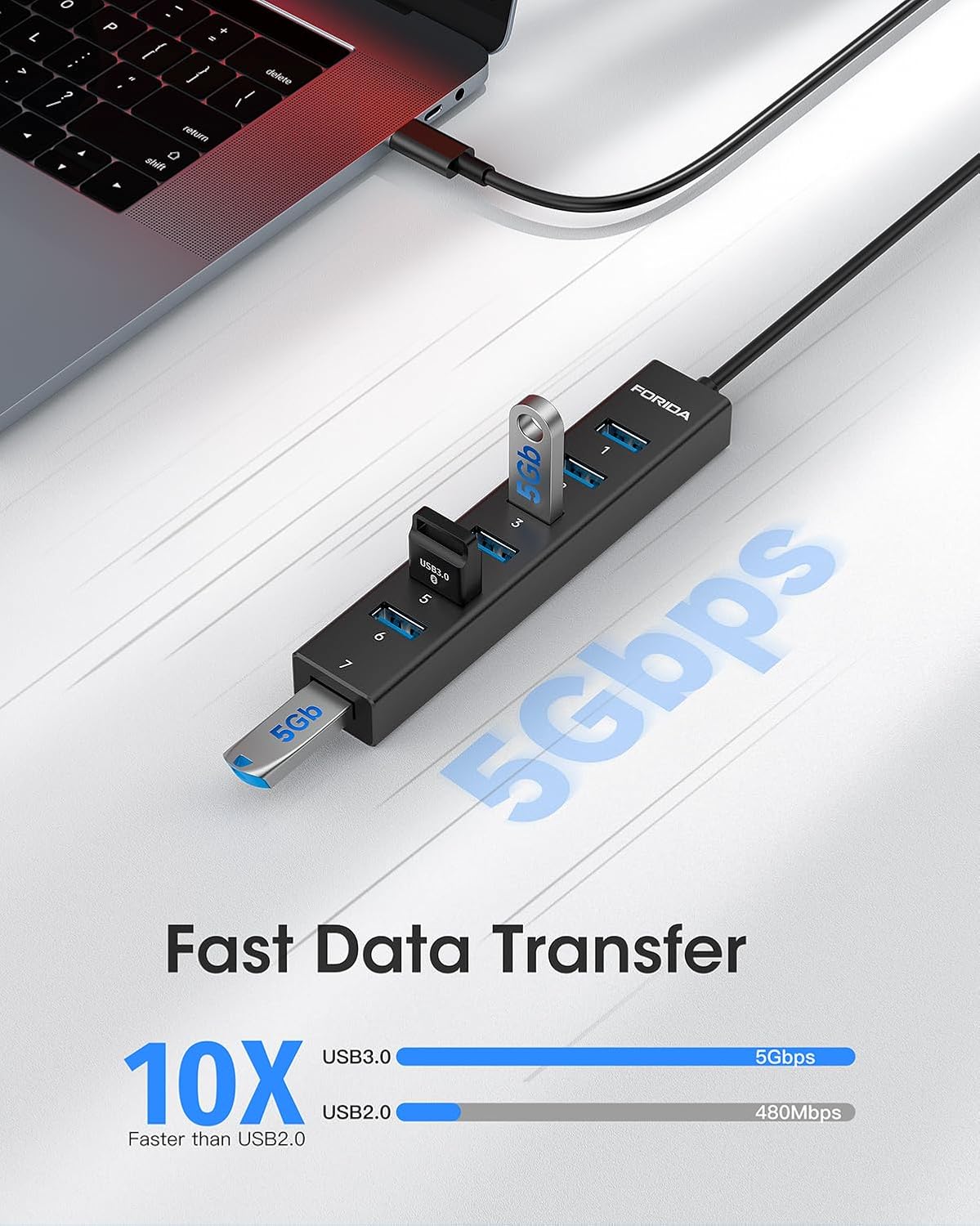 FORIDA USB C Hub-8 Port USB HUB with 7 USB3.0 Data Ports,Aluminum Alloy USBC Splitter with Type C 5V/3A Power Port Compatible with MacBook, iPad, Surface Pro, XPS, Laptop,PC (Black,USB C-9.8in)