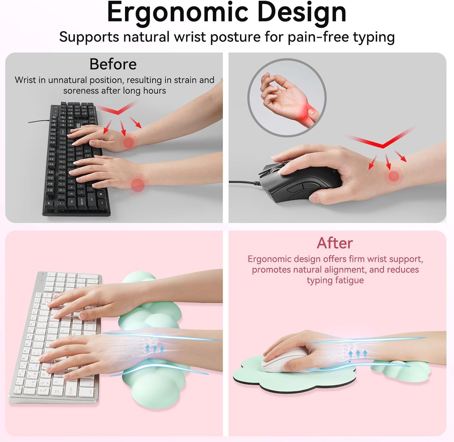 Cloud Wrist Rest for Computer Keyboard, 4-in-1 Memory Foam Leather Cloud Keyboard Wrist Rest and Mouse Pad Set with Ergonomic Support for Arm and Palm Cushion, Gaming/Work Setup, Light Green