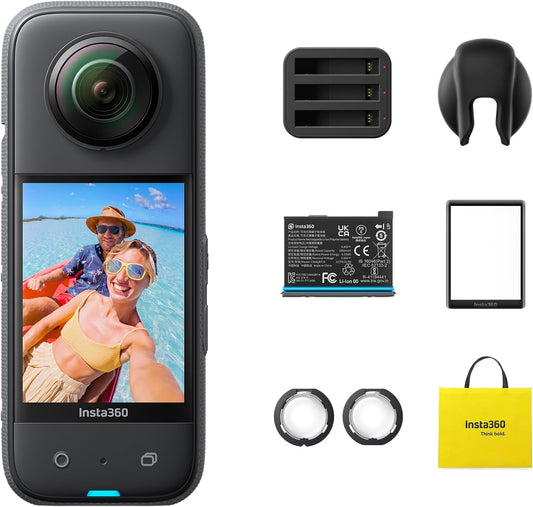 Insta360 X3 Action Bundle-Waterproof 360 Action Camera with 1/2" 48MP Sensors, 5.7K 360 Active HDR Video, 72MP 360 Photo, 4K Single-Lens, 60fps Me Mode, Stabilization, 2.29" Touchscreen, AI Editing