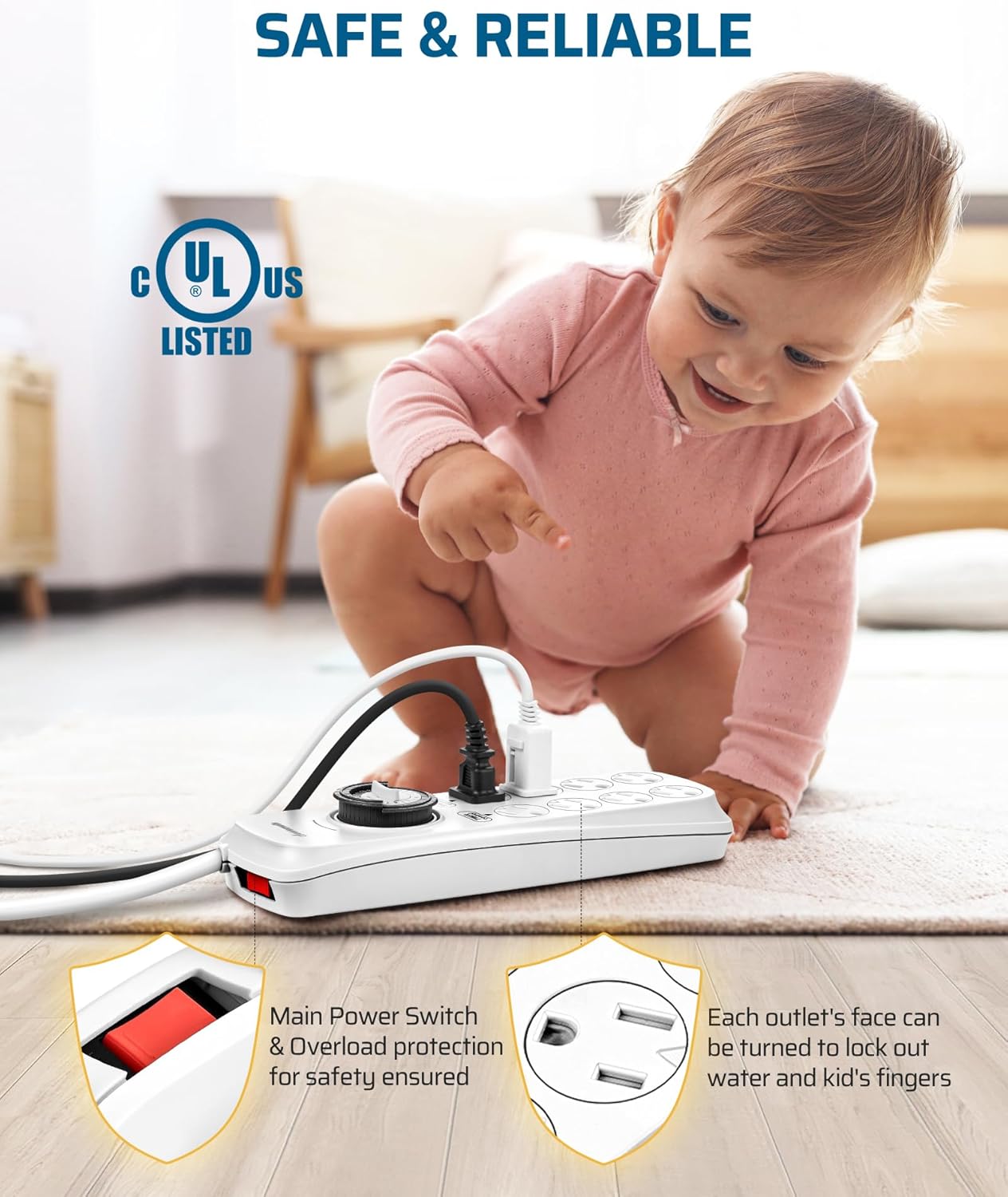 DEWENWILS Mechanical Timer Power Strip with 8 Outlets, Flat Plug, 6ft Long Cord, Overload Protection, Indoor Timer for, Bearded Dragon Tanks, Aquarium, Grow Lights, Plants, Reptile Light, UL Listed