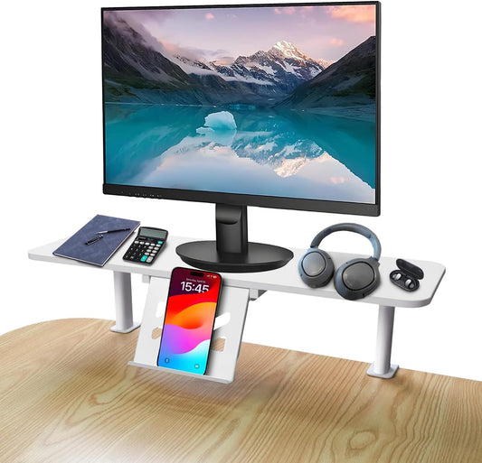 Clamp-On Monitor Stand Riser with Phone/Pad Holder, Height Adjustable from 6.7" to 10.7", Computer Desk Shelf for Laptop, PC, Home Office Workstation (White)